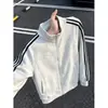 Jaqueta cardigan com capuz esportiva listrada azul escuro para homens, outono e inverno, estilo americano, peso pesado, três listras, marca moderna, jaqueta com gola alta