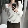 Enviado: Top de punto fino de manga larga, estilo relajado, cuello en V pronunciado, nuevo estilo de verano, chic coreano, para mujer