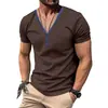 Camisa Henley estilo americano 2026 de manga corta para hombre, color liso, con botones, camiseta cruzada para hombre, verano, simple, casual, corte ajustado
