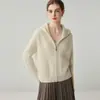 Luxo de alta qualidade! Cardigã com zíper e capuz 100% caxemira estilo "old money" para mulheres, com design solto, afunilado e trançado.