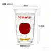 Taza de vidrio borosilicato de moda y alta calidad con estampado de tomates, perfecta para la leche del desayuno, el café o como vaso de jugo de gran capacidad para parejas.
