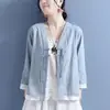 Top bordado de algodão e linho com fecho de botões duplos e mangas de três quartos, cardigã, blusa ou peça externa retrô e artística estilo chinês