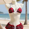 Conjunto de Falda a Cuadros Roja Sexy Nuevo Transfronterizo Europeo y Americano Tentación Pura Deseo Lencería Juego de Rol