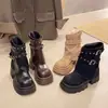 Botas retro de estilo coreano para mujer, puntera redonda, color liso, hasta la pantorrilla, nueva colección otoño 2026, tacón grueso, diseño versátil sin cordones, suela de plataforma, botas de montar