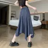 Foto real saia midi irregular retrô feminina saia de linha A com babado comprimento médio senso de design formato pera barra larga saia longa saia evasê