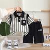Conjunto Curto Listrado Vertical para Bebê Verão 2025 Nova Roupa Infantil Meninos Verão Camisa Gola Padre Color Block Atacado