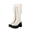 Botas de Couro Femininas Tamanho 35-44 Outono e Inverno, Botas de Cano Alto Transfronteiriças Europeias e Americanas, Salto Alto de Couro Envernizado Feminino Bico Redondo, Plataforma Impermeável, Zíper Traseiro