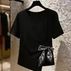 Camiseta de verano talla grande para mujeres de talla grande, con corbata de bufanda de seda que cubre el abdomen, diseño irregular, entallada a la cintura, adelgazante, hombro normal, top de manga corta