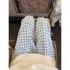 Calças Casuais Xadrez Azul e Branco Estilo Preguiçoso Calças Largas Soltas Drapeadas Calças Cleanfit Calças Retas Retrô Americanas