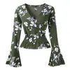 Blusa superior de gasa con estampado, volantes, manga larga acampanada y cuello en V, de diseño propio, europea y americana, nueva para Primavera y Otoño 2022, para mujer