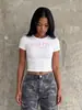 Top cropped canelado de manga curta e gola redonda, slim fit, best-seller transfronteiriço europeu e americano, uma camiseta moderna e versátil