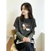 Camiseta Listrada de Manga Longa com Fleece Alemão Espesso Falsa Duas Peças para Mulheres Camada Base Estilo para Ir ao Trabalho Versão Coreana Top Versátil Outono Mais Vendido