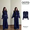 Conjunto de chaqueta con capucha y pantalones azul marino, atuendo casual de otoño para mujer, ootd estilo coreano, look deportivo americano completo