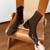 5598-8 Botines cuadrados de cachemir con retazos para mujer con tacón alto grueso, botas Martin versátiles de ajuste ceñido con cremallera trasera y característica antideslizante