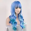 Ventas Directas de Fábrica de Pelucas de Cabello Largo Ondulado y Rizado, Popular Jiafa de Color Azul Mezclado con Flequillo para Mujeres Europeas y Americanas