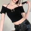 Camiseta de manga corta ajustada de verano con hombros descubiertos y estampado de Pure Desire Hot Girl para mujer