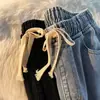 Calça jeans cintura elástica moda feminina ins tubo reto larga solta verão fina 2023 nova perna larga cordão calça primavera e outono