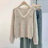 Suéter de punto con escote en V de encaje y manga larga para mujer, adecuado para primavera y otoño, talla grande, favorecedor para figuras ligeramente rellenitas, con detalle de lazo estilo francés.