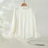 Camisa de Georgette Duplo com Renda e Gola, Borda Franzida, Cor Sólida para Mulheres, Nova Blusa Estilo Francês de Primavera com Toque de Luxo