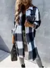 Outono e inverno de 2021 novo vestuário feminino transfronteiriço europeu e americano solto casual versátil camisa xadrez de comprimento médio casaco de manga comprida
