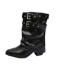 Botas de Pantalón de Pierna Ancha con Hebilla Metálica a Media Pantorrilla Moda Transfronteriza Talla Grande 2026 Otoño/Invierno Nuevo Llegada Punta Cuadrada Tacón Cuadrado Botas para Mujer En Stock