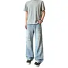 Jeans rotos para hombre con estampado de rayo, estilo fino de otoño, vibra de alta calle americana, pantalones largos rectos holgados lavados con pierna curva