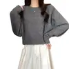 Suéter macio e aconchegante com gola redonda para mulheres, novo estilo outono e inverno, corte casual solto, pulôver emagrecedor, top de tricô curto de manga longa para mulheres