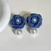 Pendientes de Tela de Mezclilla Azul Transfronterizos con Perlas y Camelia, Estilo Vintage de Alta Gama, Elegantes Pendientes Estilo Ins para Mujer al por Mayor