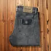 Jeans Rectos Ajustados para Hombre de Denim Grueso Importado Azul Ceniza Lavado a la Piedra Otoño e Invierno Europeo de Gama Alta