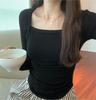 Camiseta Fina de Manga Larga Plisada, Estilo Dos Piezas Falsas, Cuello Cuadrado Diseñado, Huesos de la Clavícula Expuestos, para Mujer, Tops Delgados de Otoño e Invierno para Personas Bajitas, Primavera