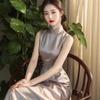 Novo Estilo Chinês Roupas Femininas Estilo Nacional Cinza Sem Mangas Cetim Vestido Cheongsam Sofisticado Requintado Antigo Vintage Vestido Longo