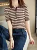 Camiseta de Algodón Puro de Manga Corta con Cuello Solapa Estilo Coreano Simple de Verano Nueva Llegada de Cinco Botones Rayada de Punto Capa Base Top Elegante para Mujer