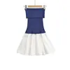 V26502-26 Verano Estilo Coreano Ajustado Bloques de Color Hombros Descubiertos Tubo Tejer Patchwork Vestido Falda Corta