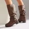 2026 Inverno Estilo Britânico Retro Botas Altas Femininas Bico Redondo Fivela 40-45 Tamanho Grande Botas de Couro Botas Longas Acima do Joelho