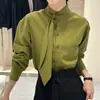 Nova Camisa Elegante de Gola Alta com Fita, Manga Longa, Botão Único, Corte Solto Emagrecedor, Top Básico para Mulheres, Outono 2025, Primavera