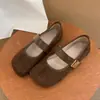Bailarinas retro de ante con punta cuadrada para mujer, nueva colección de primavera, estilo de noche, punta poco profunda, correa única, zapatos Mary Jane planos y suaves
