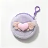 Porta-moedas de pelúcia fofo em forma de asa de anjo e coração, mini chaveiro redondo, adorável bolsa de armazenamento de moedas de pelúcia