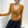Design de algodão de bambu com decote V torcido, cintura plissada, efeito emagrecedor, blusa básica de manga comprida lisa, top camiseta, suéter feminino