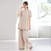 Conjunto de Duas Peças Feminino Verão Novo Estilo Gola Redonda Manga Curta Linha A Flare Calça de Perna Larga Solta Moda Versátil Emagrecedor