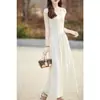 Vestido largo de punto elegante para mujer, camiseta de seda helada con cuello en U, mangas de color liso, cintura alta, adelgazante