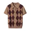 Outono 2026 Novo Cardigan de Tricô Gola Polo Lã Merino Fina Manga Curta Camiseta Feminina Suéter Casual Fashion