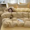 Juego de Ropa de Cama Cuatro Piezas de Lino Retro Grueso con Pliegues y Cuadros, Algodón Lavado al Agua Amigable con la Piel, Funda Nórdica, Sábana Plana, Sábana Ajustable