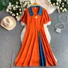 Vestido de retalhos em jeans para mulheres, novo estilo de verão, de manga curta, acinturado, modelador, estilo francês, elegante vestido longo, plus size, modelador