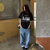 Camiseta de Algodão Puro Pesado Marca da Moda Estilo Americano Ombro Normal Manga Curta Feminina Verão Solta Estilo Coreano Estilo Preguiçoso Camiseta Branca de Meia Manga