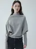 Suéter de punto holgado para mujer, color gris mostaza, de cuello alto y mangas murciélago, diseño de otoño 25