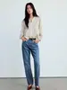 Blusa de rayas de moda con cuello en V y ribete de volantes, mangas tipo linterna y un diseño simple, casual y elegante, perfecta para el trabajo o para el uso diario.