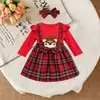 Ropa infantil navideña 26 otoño nuevo estilo mameluco de manga larga para bebé niña con grandes astas y conjunto de falda con tirantes a cuadros venta al por mayor