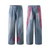 Jeans Masculino 2025 Novo Retrô com Tiras Spliced de Três Listras Americano Reto Wide-Leg Casual Boot-Cut