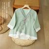 Blusas de Algodão e Linho Bordadas Étnicas de Verão, Camisas de Botão Largas com Fechamento Oblíquo, Roupas Zen Chinesas Estilo Dinastia Han Melhoradas Retro
