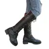 Botas de Montar de Caña Alta de Gran Tamaño Estilo Europeo y Americano para Mujer, Nuevo Modelo Otoño e Invierno, Botas de Tacón Bajo con Punta Redonda Plana con Hebilla de Cinturón y Correas Cruzadas